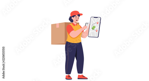 Black Friday Delivery Service Vector Illustration of a Female Courier with Package Using Smartphone Navigation Map for Fast Seasonal Order Shipping.