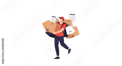 Black Friday Sale Delivery Vector Illustration of Courier Man Carrying Busy Heavy Boxes and Shopping Bags for Express Logistics Services Concept.