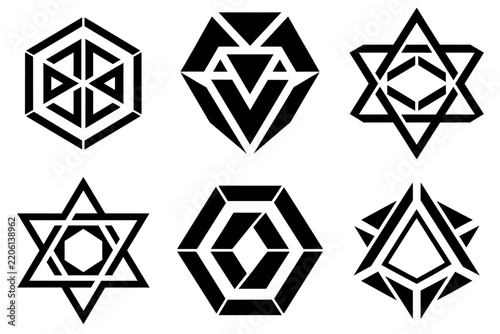 Geometric star hexagon and triangle logo set black linear shield emblems sacred geometry symbols for corporate brand.