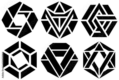 Geometric hexagon logo set abstract black polygonal symbols heraldic crystal emblems isolated modern brand identity.