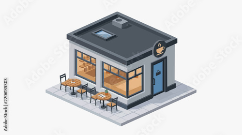 Sleek Isometric of a Modern Coffee Shop with Outdoor Seating and Warm Interior Lighting with high quality professional line art symbols for modern creative design and digital branding projects