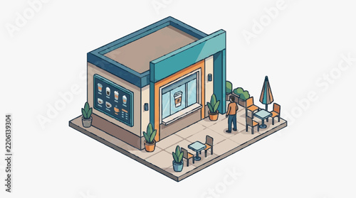 Sleek Isometric of a Modern Coffee Shop with Outdoor Seating and Menu Display with high quality professional line art symbols for modern creative design and digital branding projects