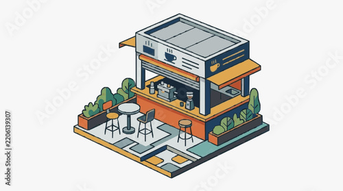 Sleek Isometric of a Modern Coffee Shop with Outdoor Seating Barista Counter and Urban Greenery