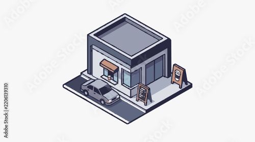 Sleek Isometric of a Modern Coffee Shop with Parked Car and Outdoor Seating Signs with high quality professional line art symbols for modern creative design and digital branding projects
