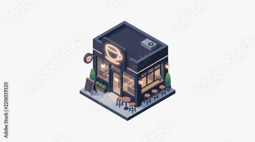 Sleek Isometric of a Modern Coffee Shop with Warm Lighting and Outdoor Seating with high quality professional line art symbols for modern creative design and digital branding projects