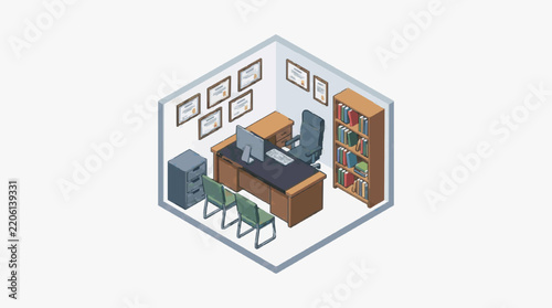 Sleek Isometric of a Modern Office Space with Wooden Desk Computer Chairs Filing Cabinets Bookshelf and Wall Frames