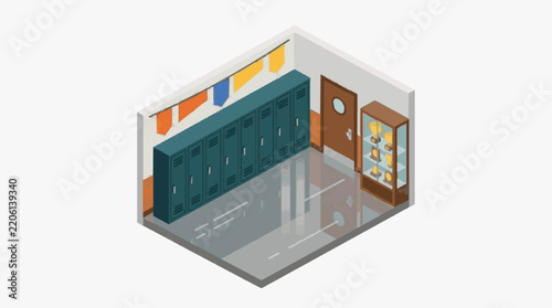 Sleek Isometric of a Modern School Locker Room with Blue Lockers Display Case and Warm Lighting