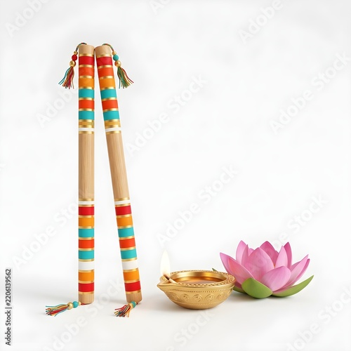 Vibrant Handcrafted Sticks with Colorful Woven Patterns and Pink Lotus Flower in Natural Setting