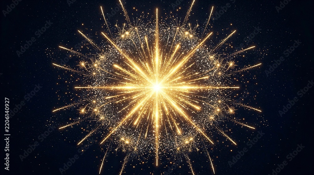 Fototapeta premium Golden Fireworks Explosion with Sparkles and Symmetrical Starburst Background for Celebration