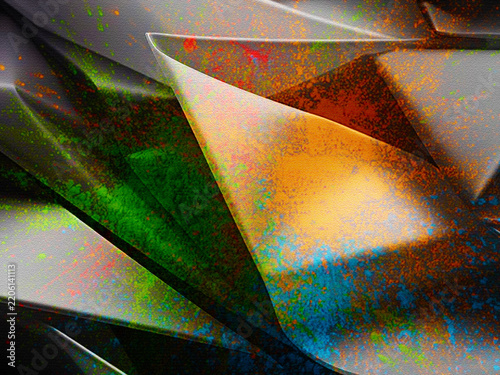 Abstract Green Orange and Blue Geometric Background with Textured Angular Shapes