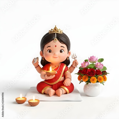 Cute Hindu Goddess Figurine with Diya Lamps and Floral Arrangement - Minimalist Sacred Decor Concept