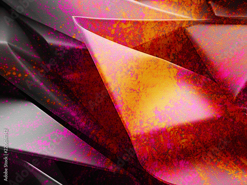 Abstract Pink Orange and Black Geometric Background with Textured Metallic Shapes