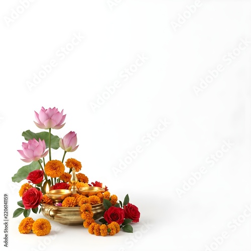 Elegant Floral Centerpiece with Lotus, Roses, and Marigolds on Gold Leaf Tray for Luxury Branding and Event Decor