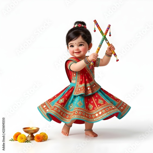 Cheerful toddler in colorful traditional Indian dress playing with toy cymbals, vibrant cultural celebration