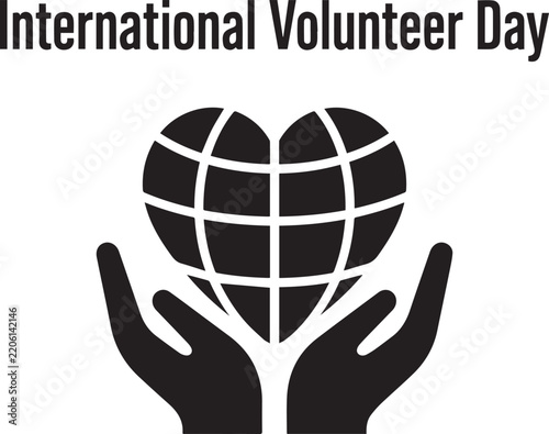 International Volunteer day logo  human hands holding a heart shaped globe and a world map logo
