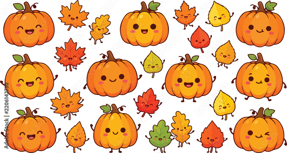 Obraz premium 3D Cartoon Autumn Pumpkins and Leaves Set