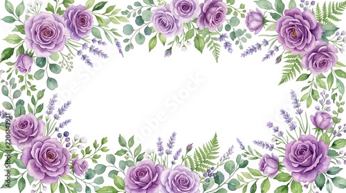 Watercolor Purple Floral Frame – Roses and Lavender Border Vector Illustration