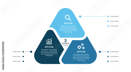 Three option triangular business infographic with connected segments icons and central text for modern presentation and corporate templates