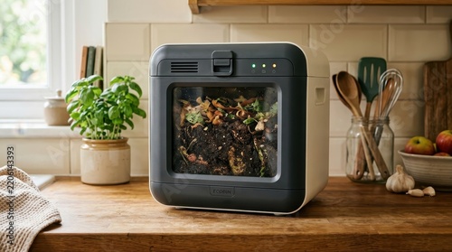 Modern kitchen composter appliance filled with food scraps on a wooden countertop