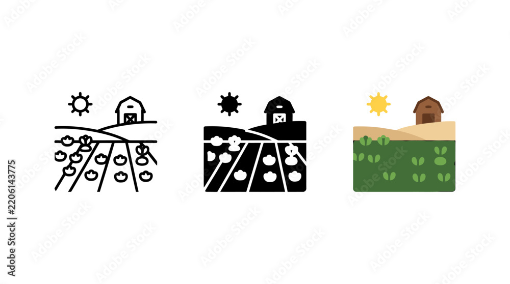 Fototapeta premium Set of Agricultural Farm Field Icons Featuring Vegetables and Rural Barns