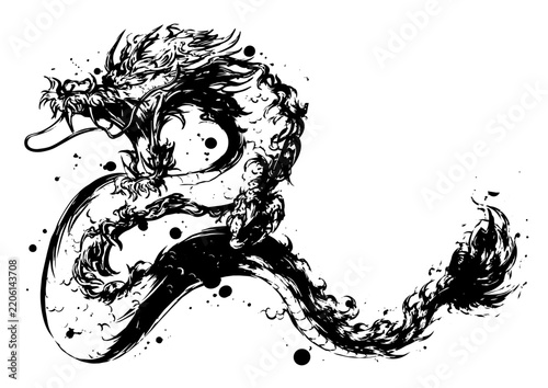 [Vector] Powerful Full Body Japanese Dragon Illustration in Sumi-e Ink Painting