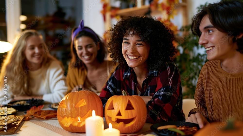 Fototapeta premium Group of young adults celebrating Halloween with pumpkins