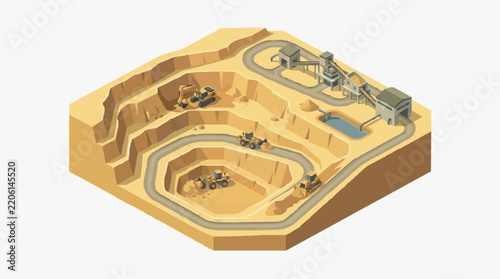 Sleek Isometric of Open Pit Mining Operation with Heavy Machinery and Processing Plant with high quality professional line art symbols for modern creative design and digital branding projects