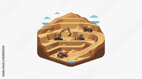 Sleek Isometric of Open Pit Mining with Excavators and Dump Trucks in Earthy Terrain with high quality professional line art symbols for modern creative design and digital branding projects