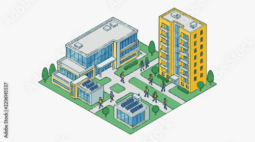 Sleek Isometric of Modern Urban Residential and Commercial Buildings with Solar Panels and Pedestrians
