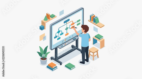 Sleek Isometric of Professional Creating a Flowchart on Interactive Digital Whiteboard in Modern Office Setting