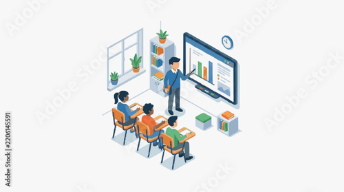 Sleek Isometric of Professional Team Meeting with Data Presentation on Large Screen in Modern Office