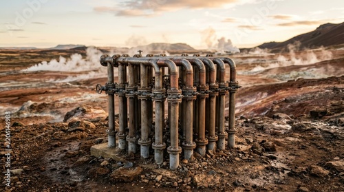 Rusty industrial pipes releasing steam in a geothermal landscape at dusk