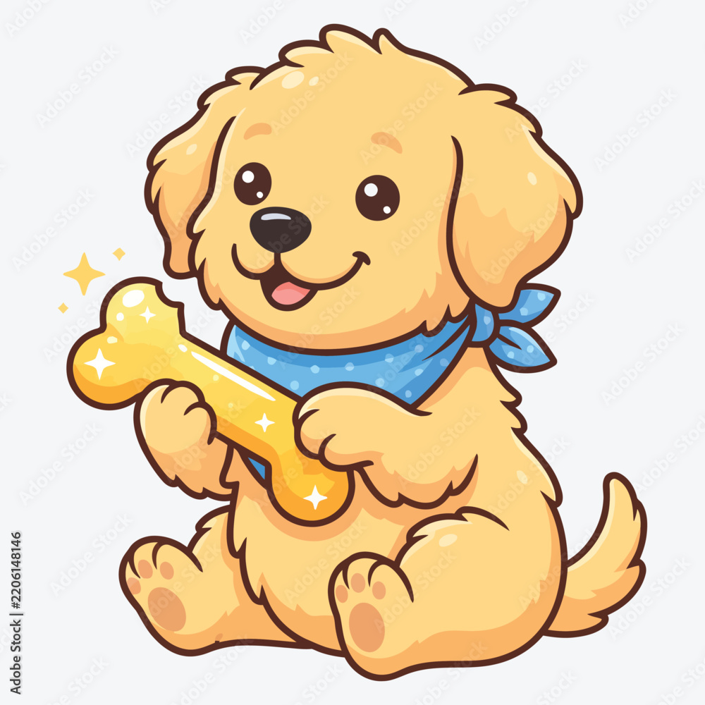 Obraz premium Cute golden retriever puppy holding a shiny treat bone in a colorful vector graphic illustration