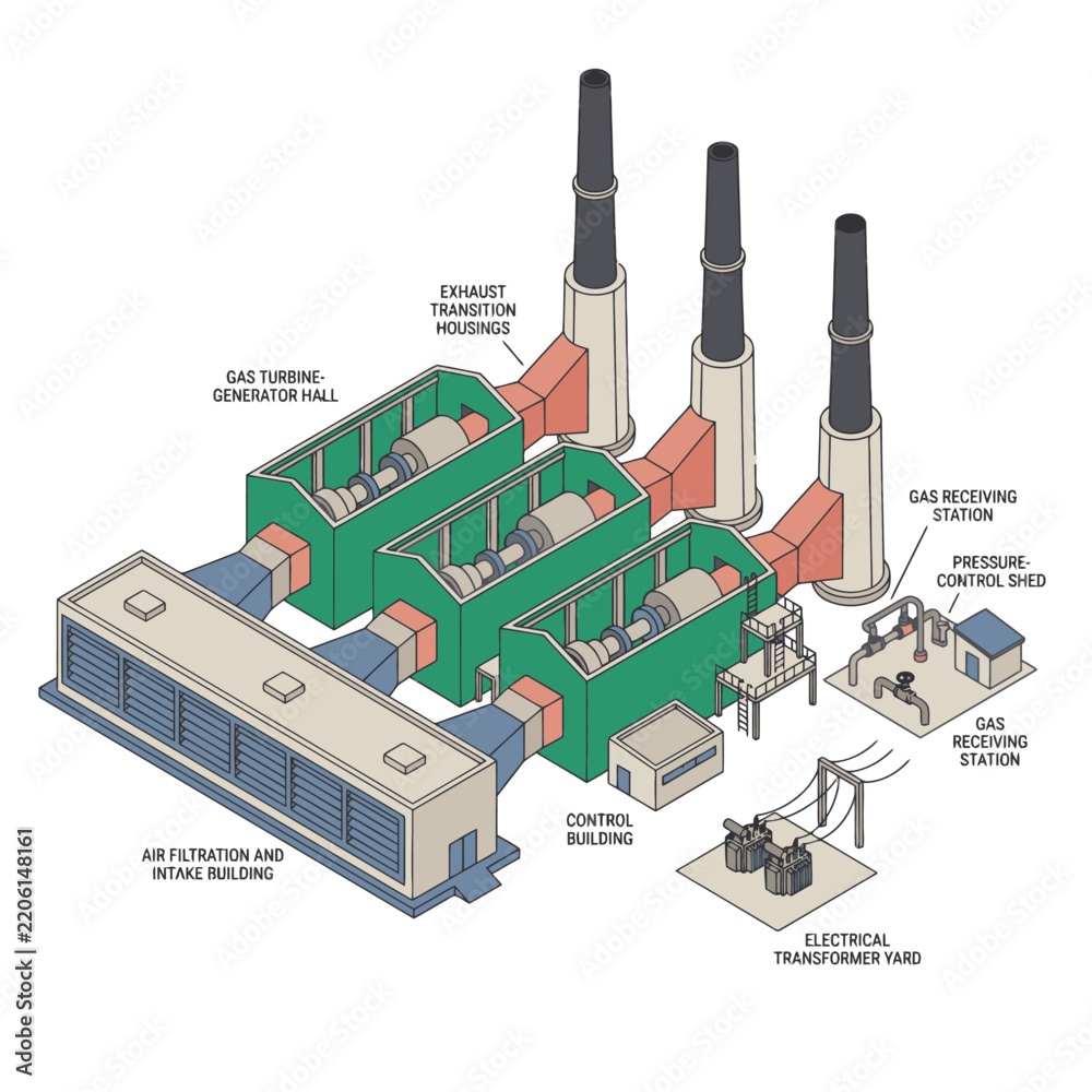 Obraz premium Professional Isometric Diagram of a Gas Turbine Power Plant with Key Components Labeled Generator Hall Exhaust Housings Gas Receiving Stations
