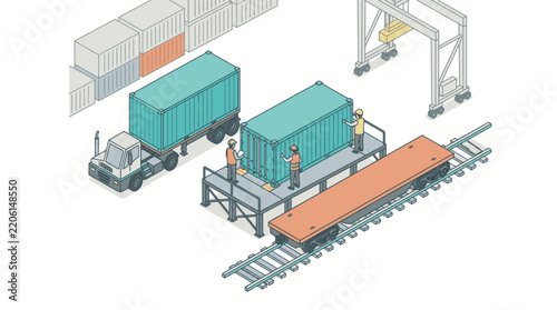 Professional of Intermodal Freight Transport Truck and Train Loading Green Shipping Containers with high quality professional line art symbols for modern creative design and digital branding projects