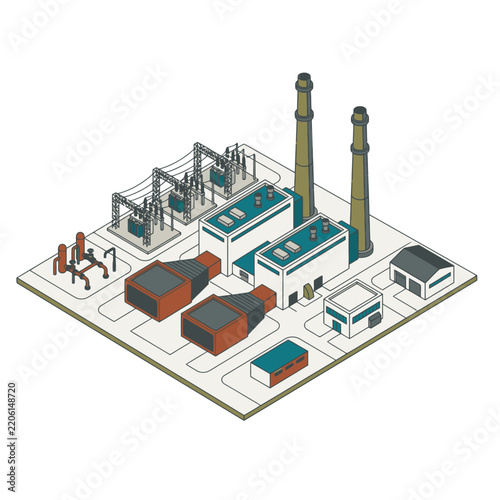Sleek Isometric of Industrial Power Plant with Chimneys Transformers and Storage Buildings with high quality professional line art symbols for modern creative design and digital branding projects