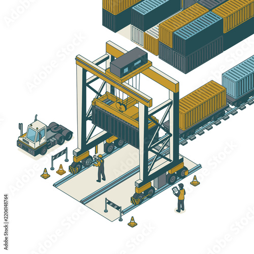 Sleek Isometric of Modern Container Crane Handling Stacked Shipping Containers in Industrial Port