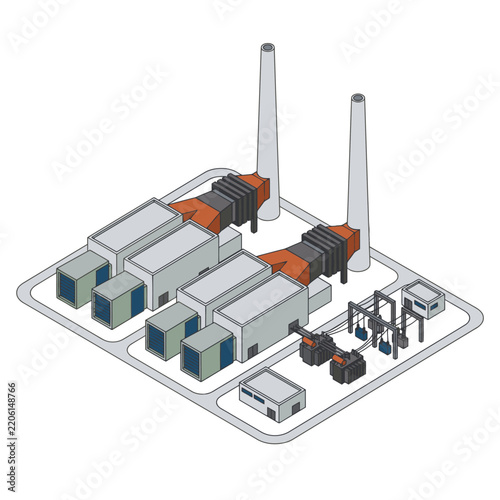Sleek Isometric of Modern Industrial Data Center with Server Racks Cooling Towers and Power Lines
