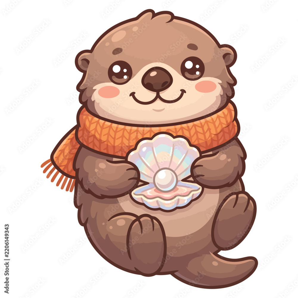 Obraz premium Cute vector otter holding a seashell with a pearl, wearing a warm knitted orange scarf for winter