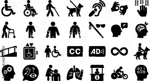 Inclusive accessibility and disability awareness icon set with disability icons