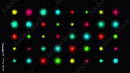 Colorful starbursts pulsate across a dark grid in a seamless looping animation stars bursts neon
