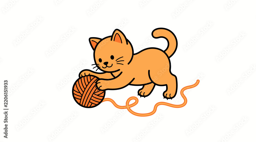 Fototapeta premium A cute orange kitten playing with a ball of yarn. The kitten is captured in a playful pose, reaching out with its paw to bat at the yarn, its tail curved upwards in excitement