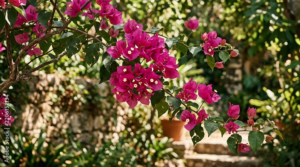 Naklejka premium Closeup of vibrant pink bougainvillea flowers blooming on a lush green vine in a sunlit garden