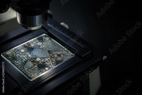 Concrete petrography laboratory - a thin section on a polarizing microscope stage