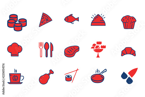 Collection of colorful flat design food and drink icons on a white background