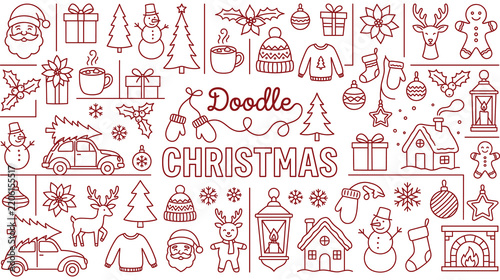 Christmas doodle line art icons set with holiday symbols for seasonal greeting card art.