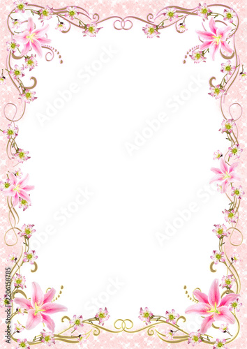 Elegant Pink Floral Border Frame with Flowers and Leaves