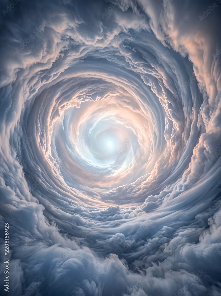 Fototapeta premium Storm clouds form a rotating circular tunnel vortex with a bright central light source against an ethereal blue and orange atmospheric background suitable for abstract creative digital design.