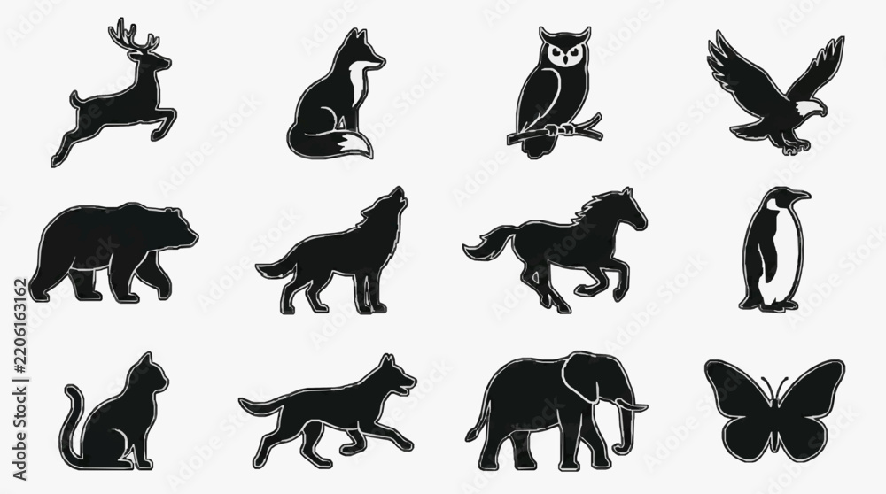 Obraz premium Black and White Line Art Collection of Mythical and Real Animals Silhouettes
