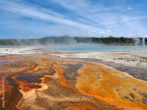 Steam curls from Yellowstone geothermal pools. Vibrant orange hues coat the earth's surface. Blue sky arches above the mist. Tropical forest lines the distant horizon. This scene evokes natural wonder